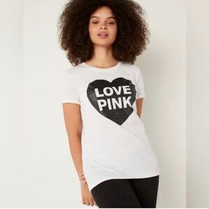 NWT PINK Victoria's Secret Campus White Tee with Black Glitter Heart. Love PINK.